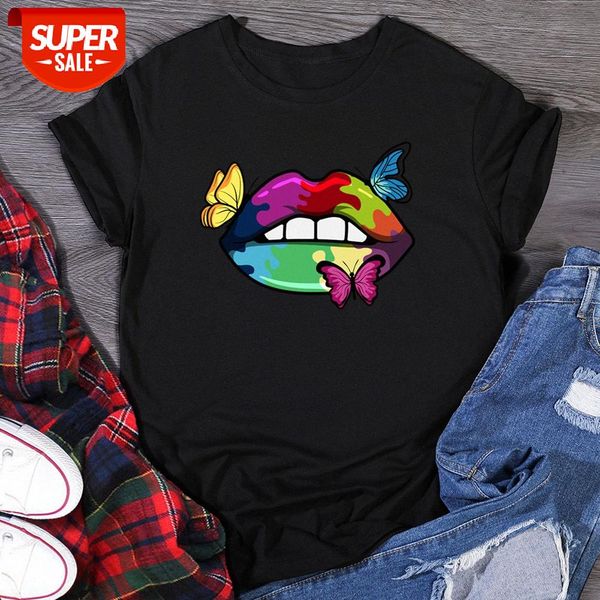 

fun pattern butterfly graffiti lips t-shirt women blouse printed #2i8d, White