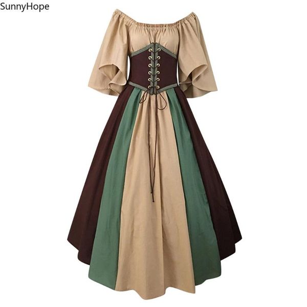 

casual dresses fashion women medieval vintage gothic patchwork lace slash neck dress femme robe, Black;gray