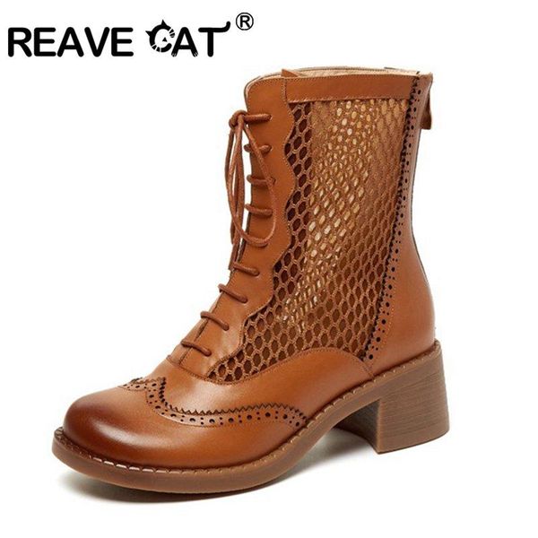 

2021 cutout boots genuine leather mesh vintage female spring round toe 5.5cm square high heel zip strap a4044, Black