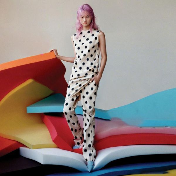 

women's two piece pants summer women sets vintage elegant round neck and elastic waist casual trousers office fashion dot print suit, White