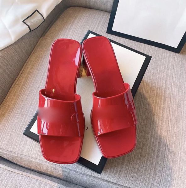 

slipper 2021 new jelly shoes thick heel candy colored sandals square head rubber shoes middle heel slippers waterproof platform wearing wate, Black