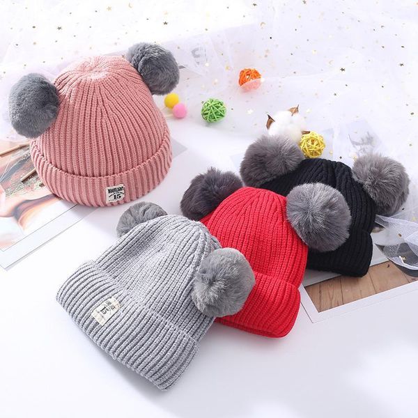 

pudcoco baby knitted hat autumn and winter fashion cute double hairball outdoor warm wool solid color 0-2 years, Yellow