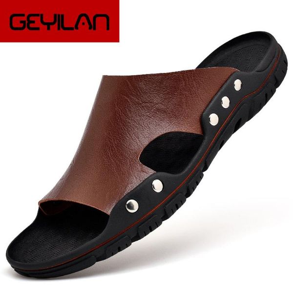

slippers genuine leather men's sandals open toe slip on fashion casual shoes men roman summer beach for, Black