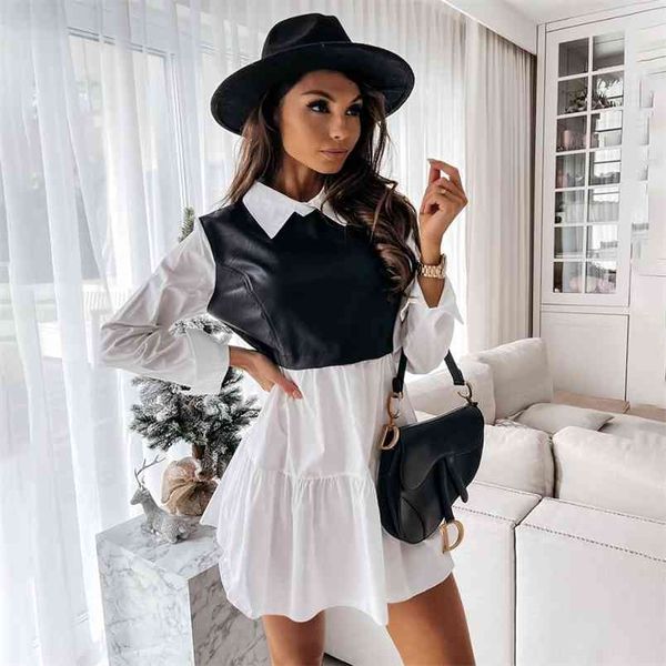 

spring lapel long sleeve stitching contrast color plaid leather female dress fashion pu patchwork women shirt 210517, Black;gray
