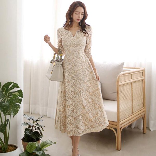

casual dresses autumn outfit han edition temperament v-neck accept waist posed dress fashion lace woman, Black;gray