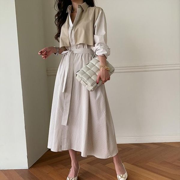 

[ewq] Blue Casual Patchwork Womens Dresses Bandag Pleated Notched Long Sleeve Loose Fit Fashion Tide Autumn Summer 16f0661, Black;gray