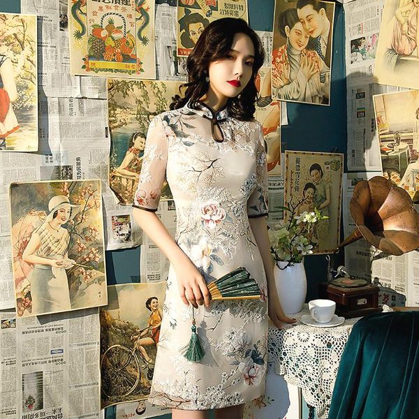 

ethnic clothing sheng coco snowflake embroidered oriental style dresses modified organza aodai moden design cheongsam chinese short qipao, Red