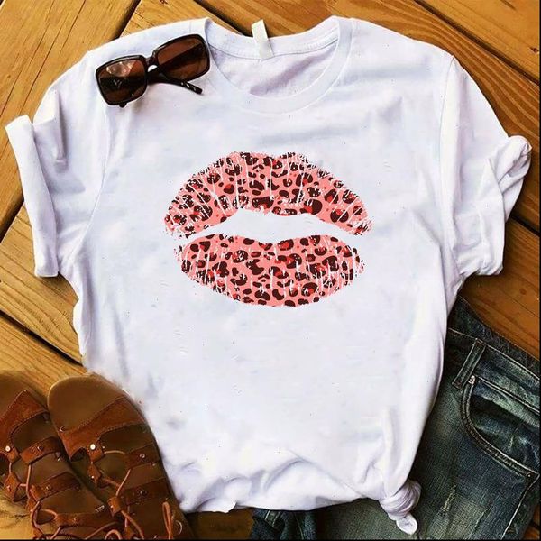 

leopard pink lip printed women t shirt short sleeve tee clothes graphic, White