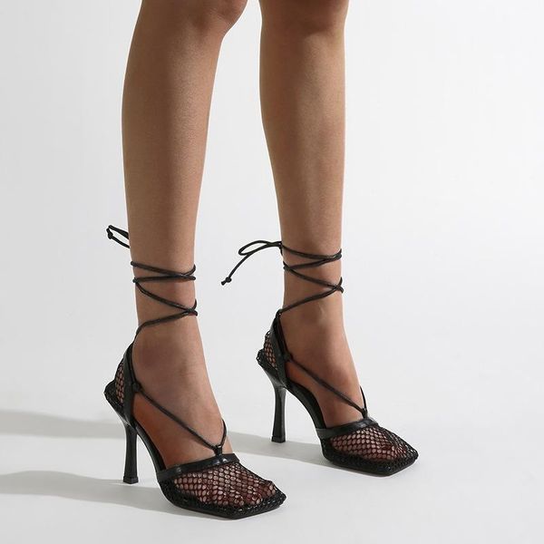 

mesh transparent strap thin heel high women sandals, Black