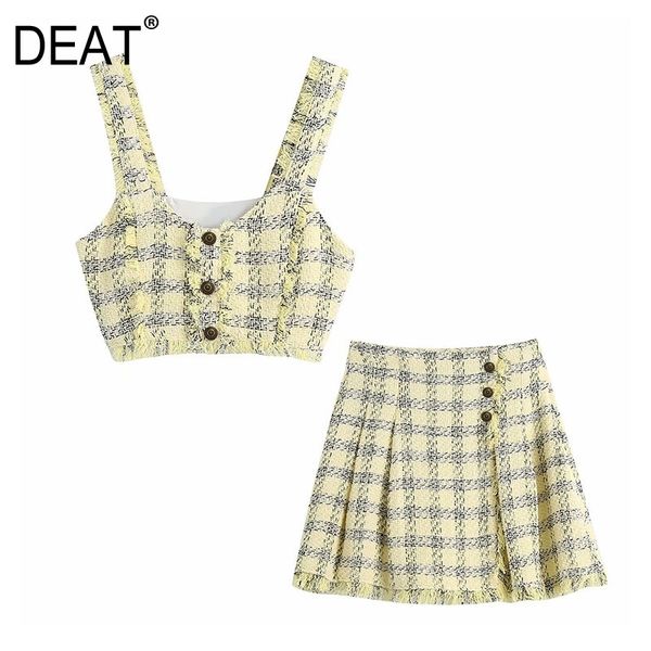 

[deat] summer fashion single-breasted sleeveless lattice tank a-line skirts women two-piece suit 13q582 210527, White