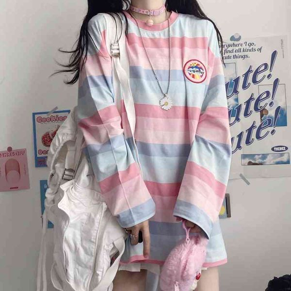

harajuku long t shirt girl christmas pring autumn embroidery stripe tee women full sleeve t-shirt casual female, White