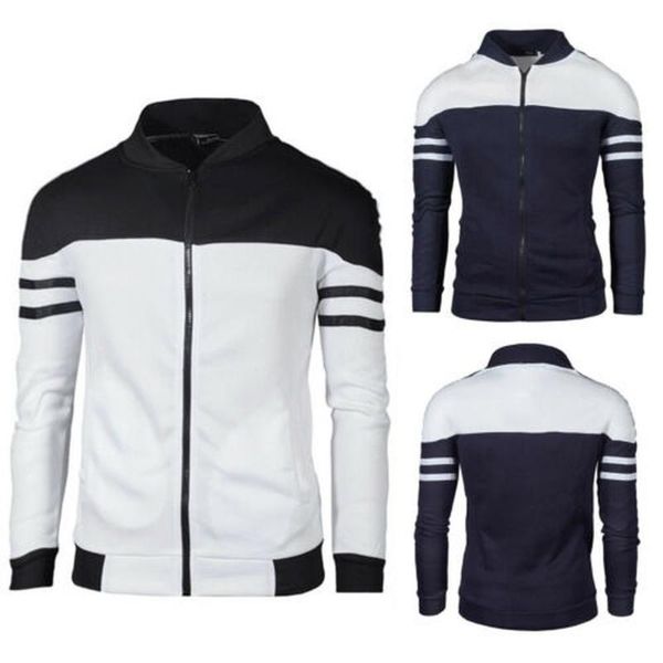 

men's hoodies & sweatshirts men splicing long sleeve jacket baseball coat slim zip warm sweatshirt outwear, Black