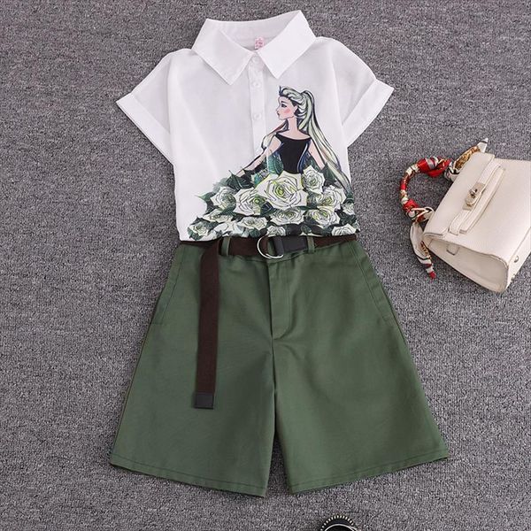 

summer 2 pieces suits womens tracksuits girl print chiffon blouse shirt shorts set two piece tracksuit with belt, Gray