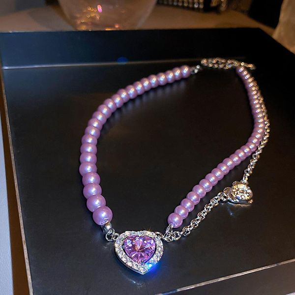 

pendant necklaces luokey elegant purple crystal pearl necklace for women luxury wedding clavicle choker girl korean statement jewelry, Silver