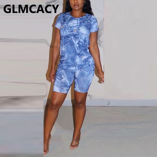 

two pieces sets women printed short sleeve t-shirt & bodycon shorts 210702, White