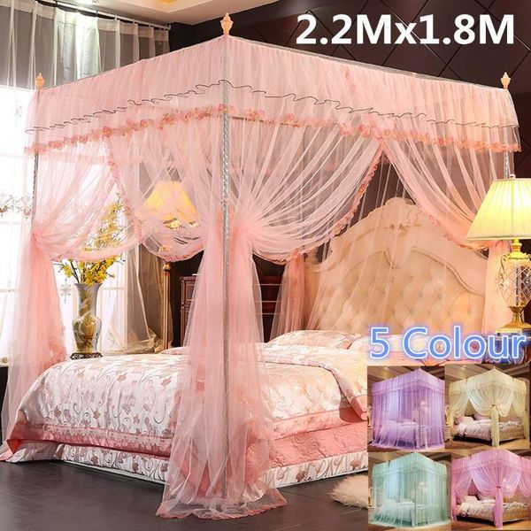 

mosquito net luxury 4 corner post bed canopy full queen king size netting pink purple white yellow beige