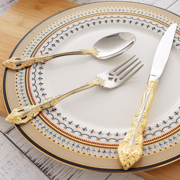 

european retro gold cutlery set luxury stainless steel tableware utensilios vaisselle talheres servies kitchen accessories jq dinnerware set