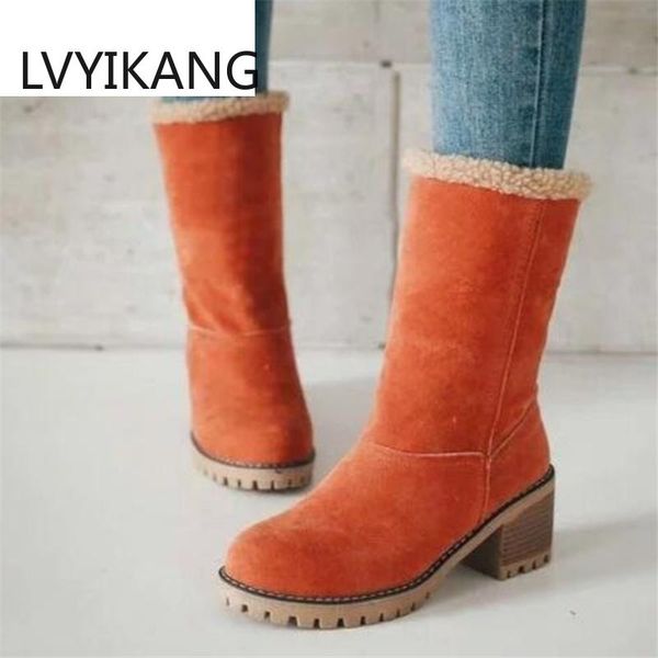 

winter women's shoes snow boots fashion women flock warm mid calf platform for botas mujer, Black