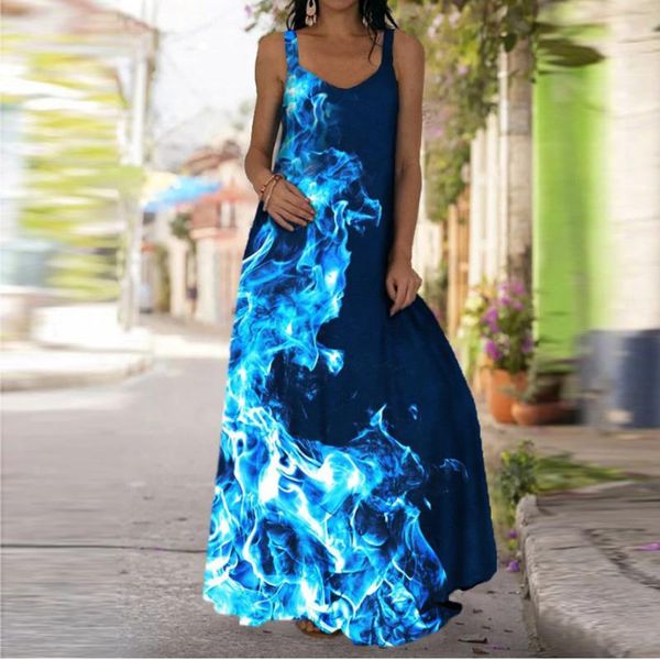 

casual dresses for women summer long floral fire print colorful sleeveless tank dress maxi vestidos mujer verano, Black;gray