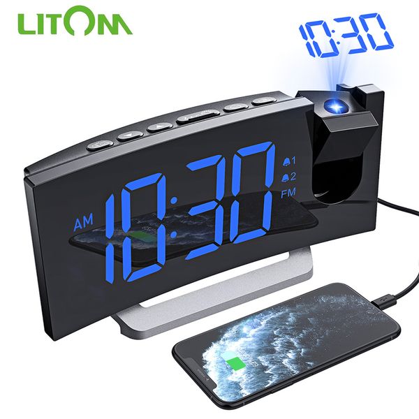 LITOM HM353 FM R Proje Despertador com Função Dual Sze Porta de carregamento USB 5 '' Grande Display Sleep Timer 220311