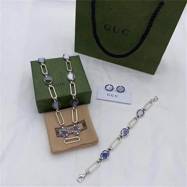 

87% off wholesale shop gujia new double blue glue dropping enamel necklace bracelet brass earrings set, Silver