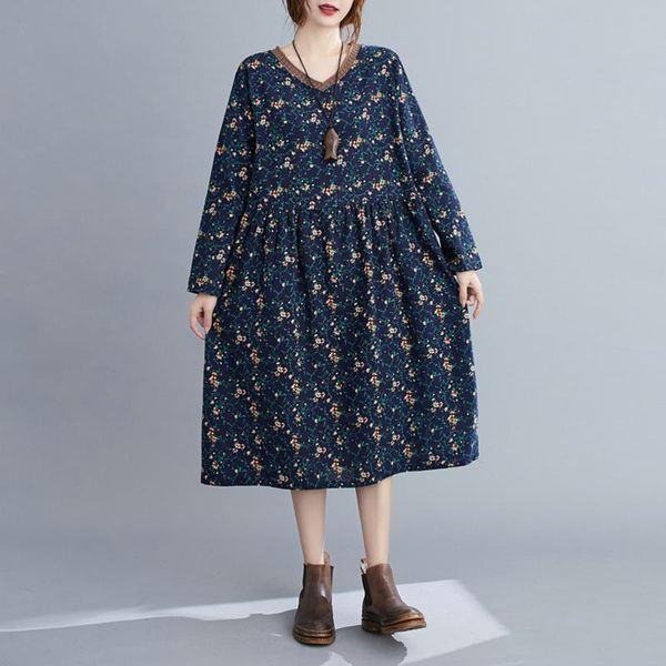 

women floral printed dress vintage loose casual dresses long sleeves pocket oversized robes female autumn midi vestidos, Black;gray