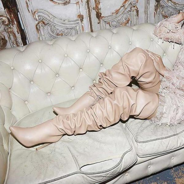 

boots 2021 winter women shoes pointed toe high-heeled thin heels over-the-knee women's long beige pleated night, Black