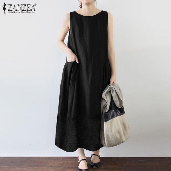 

fashion women's summer sundress 2021 zanzea solid maxi dress casual sleeveless tank vestidos female pockets robe femme plus size dresse, Black;gray