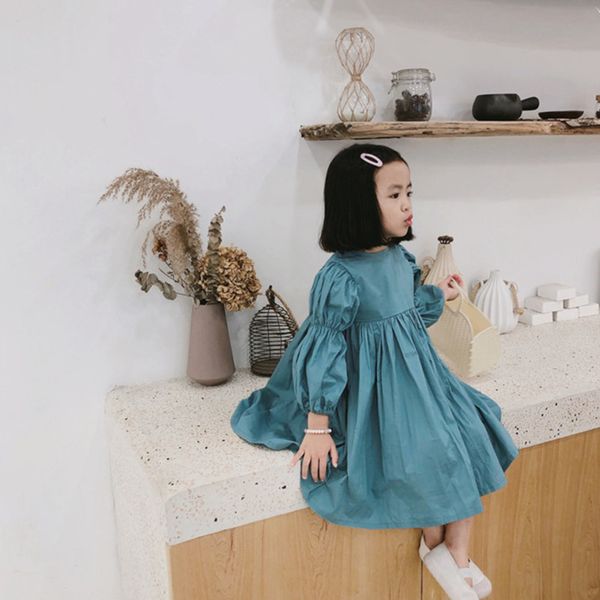 

girl's dresses autumn cute solid color puff sleeve girls princess 0-7 years kids long-sleeved pleated party dress c0223, Red;yellow