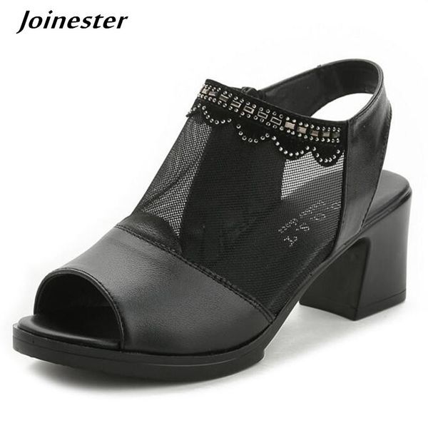 

women peep toe air mesh sandals mid heel ladies transparent open mouth slides summer leather shoes back strap slingbacks, Black