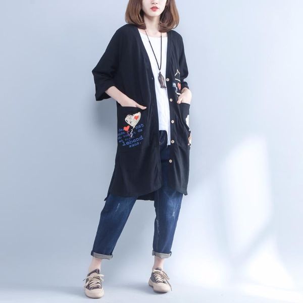 

women's jackets women autumn spring cartoon prints v-neck single breasted drop-shoulder outerwear female loose casual comfortable coats, Black;brown