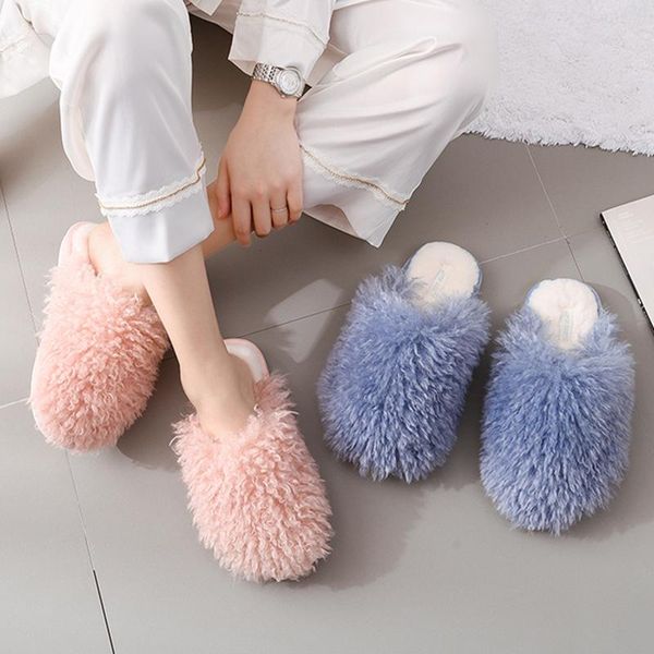 

luxury chic curly fur house slippers for women floor winter warm shoes non-slip indoor bedroom fuzzy, Black