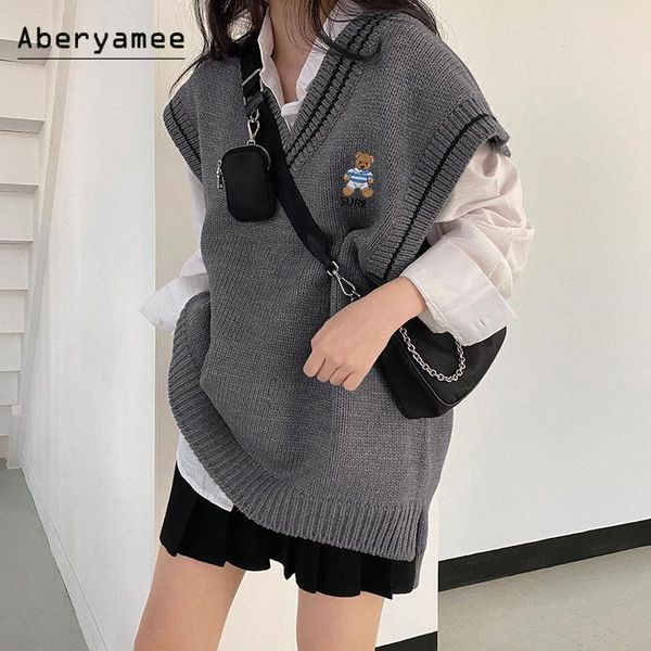 

women's vests aberyamee long knitted vest woman sleeveless grey solid ladies sweater animal printed sweet 90s pullover oversize autumn, Black;white
