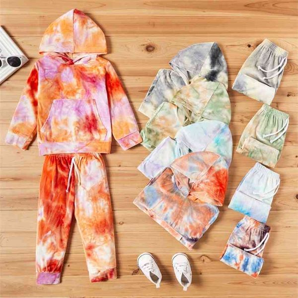 

arrival autumn and winter 2-piece baby toddler tie-dye hooded long-sleeve pullover pants sets kids clothes 210528, White