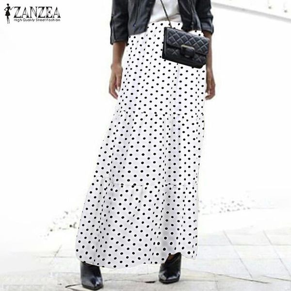 

skirts stylish polka dots women's printed ruffle vestidos zanzea 2021 casual summer elastic waist maxi female faldas saia, Black