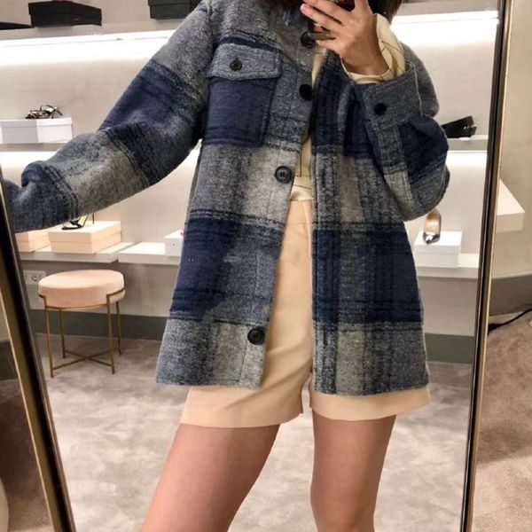 

coats plaid coat women wool blend turn-down collar single breasted autumn winter jacket, Tan;black