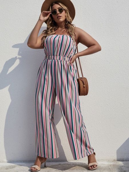 

plus striped print tube jumpsuit s01w#, Black