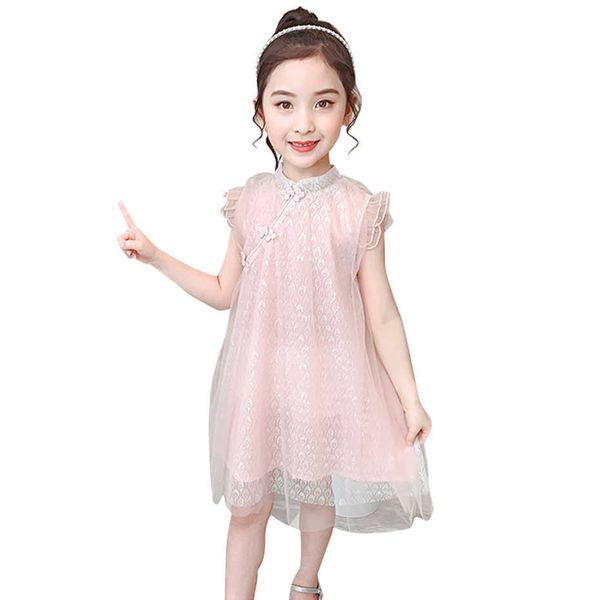 Kleid Mädchen Blumenmuster Cheongsam für Mädchen Mesh Kinder Sommer Kinderkostüme 6 8 10 12 14 210528