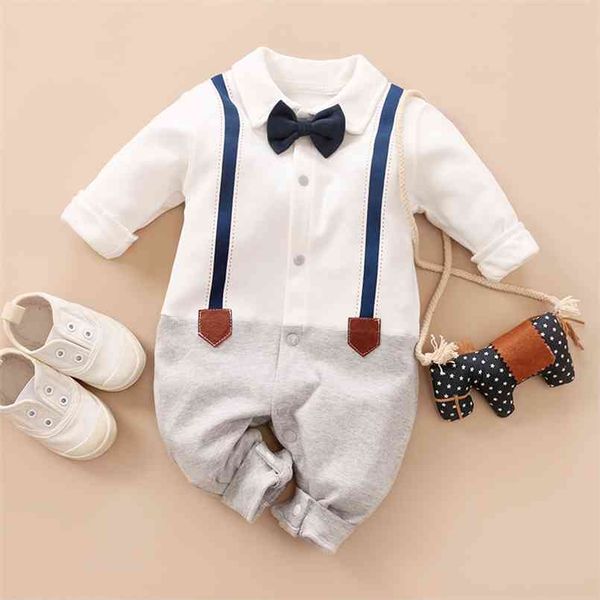 

spring and autumn cotton crawling baby boy grace imitation long sleeve gentleman bow tie jumpsuit clothes 210528, Blue