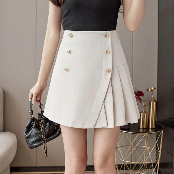 

skirts summer harajuku pleated skirt women fashion double breasted mini irregular patchwork a-line with underpants 2021, Black