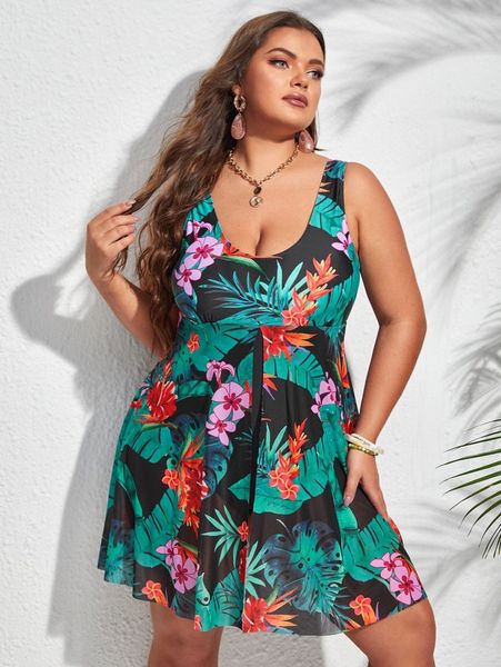 

plus floral print skort one piece swimsuit w2aj#, Black