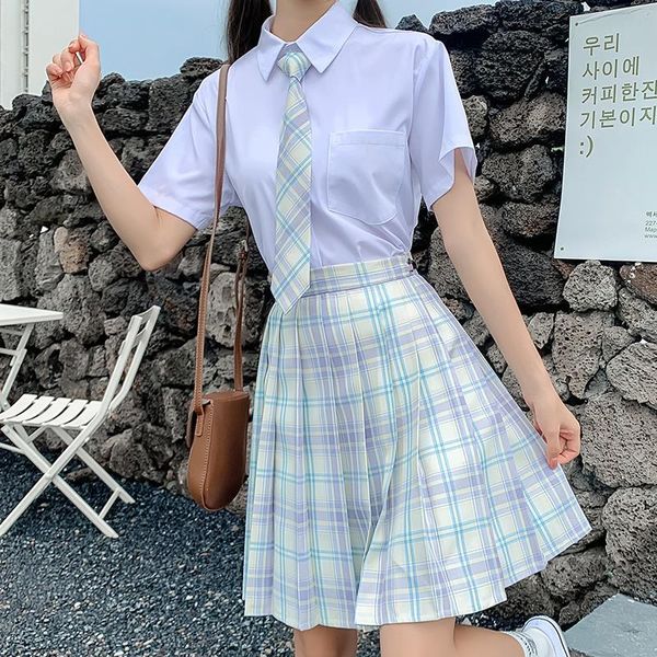

skirts [two piece suit] summer jk uniform looks thin and versatile, short sleeve + plaid high waist pleated skirt, Black