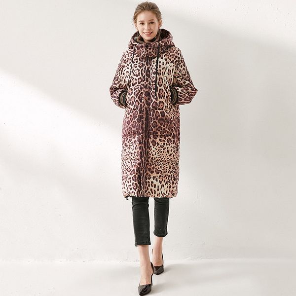 

leather hooded parka outerwear coats winter women wild animal prints long sleeve casual down overcoats female, Black