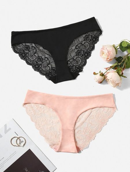 

2pack plus contrast lace panty v3bm#, Black;white