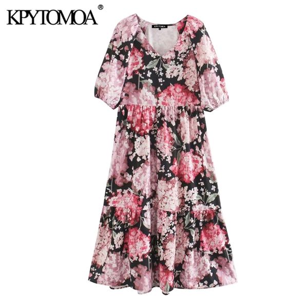 

women chic fashion floral print pleated midi dress v neck puff sleeve female dresses vestidos mujer 210420, Black;gray