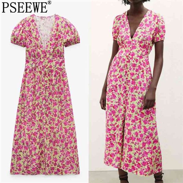 

floral long dress women pink midi summer woman vintage ruched slit short puff sleeve elegant ladies es 210519, Black;gray