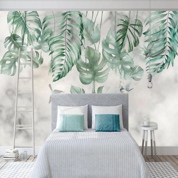 

wallpapers milofi custom 3d wallpaper mural hand-painted retro tropical plants marble living room bedroom background wall decoration painti