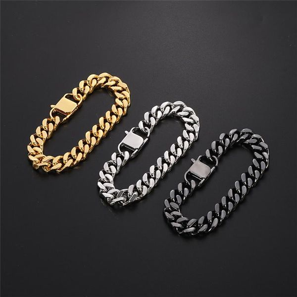

link, chain 12mm wide curb cuban link bracelets for men women jewelry anti allergy stainless steel wristband gifts, Black