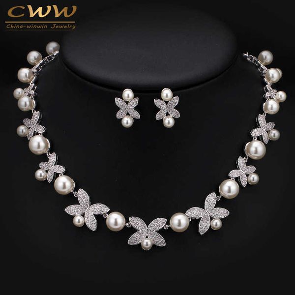 

white gold color micro inlay cubic zirconia big pearl bridal choker necklace sets for wedding jewelry t247 h1022, Silver