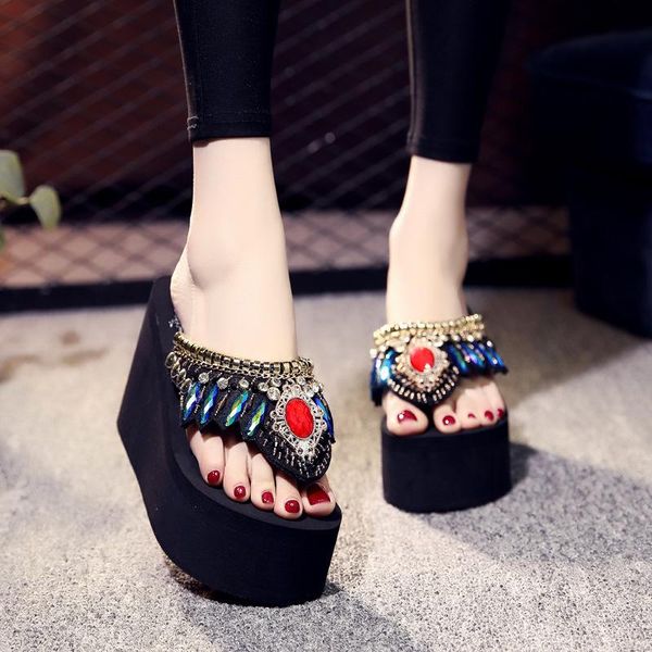 

summer women high heels slides sandals flip flops sandal shoes wedge platform sweetie rhinestone bohemia hawaiian a478 slippers, Black